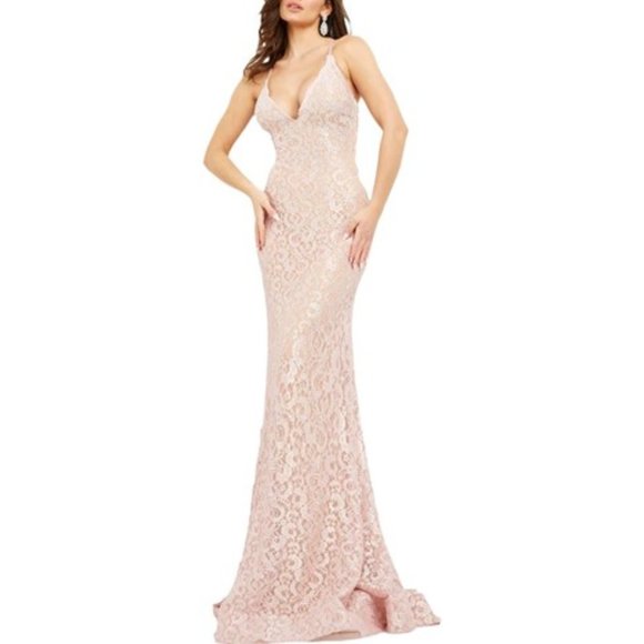 JOVANI LACE MAXI EVENING DRESS JOVANI LACE MAXI EVENING DRESS GOWN SIZE 4 BLUSH - Picture 1 of 2